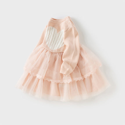 Toddler Girls Charming Pink Soft Knit Sweater Birthday Mesh A-line Dress