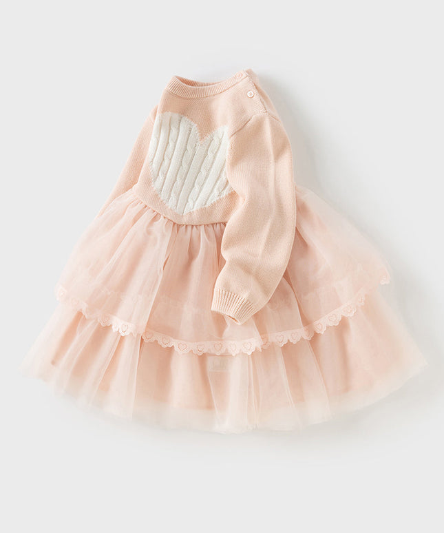 Toddler Girls Charming Pink Soft Knit Sweater Birthday Mesh A-line Dress