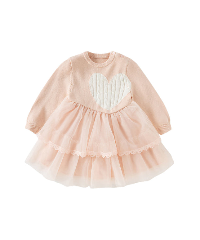 Toddler Girls Charming Pink Soft Knit Sweater Birthday Mesh A-line Dress