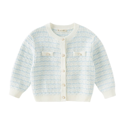 Kids Girls Elegant Blue White Plaid Knit Cardigans
