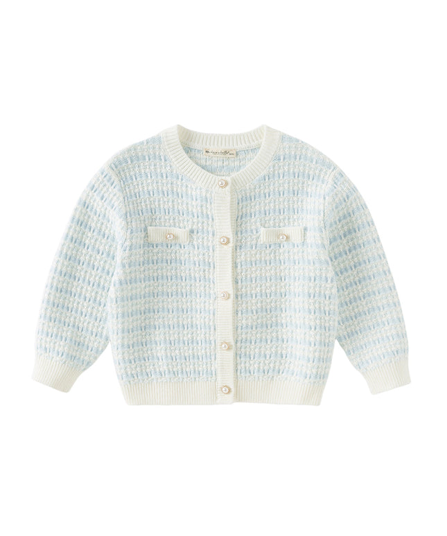 Kids Girls Elegant Blue White Plaid Knit Cardigans
