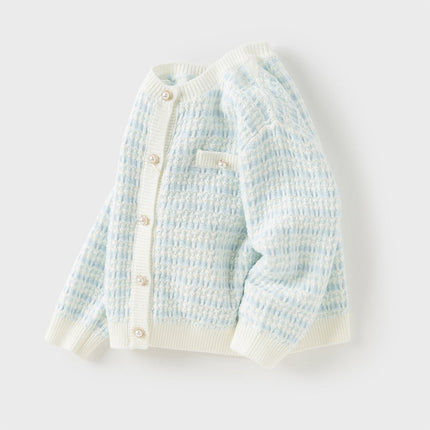 Kids Girls Elegant Blue White Plaid Knit Cardigans