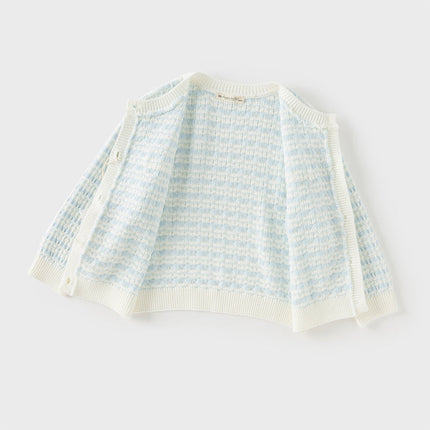Kids Girls Elegant Blue White Plaid Knit Cardigans
