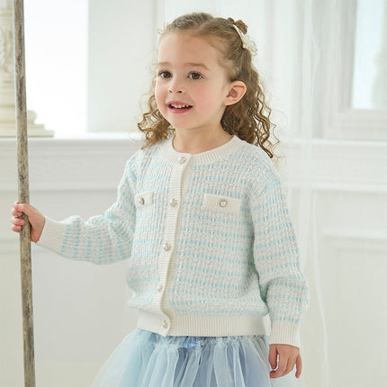 Kids Girls Elegant Blue White Plaid Knit Cardigans