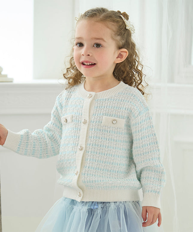 Kids Girls Elegant Blue White Plaid Knit Cardigans