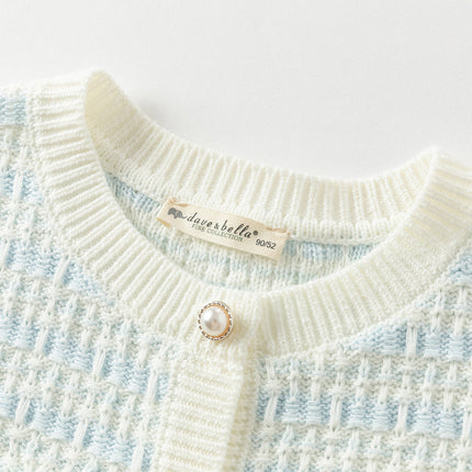 Kids Girls Elegant Blue White Plaid Knit Cardigans