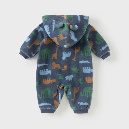 Baby Girls/Boys Playful Print Fleece One-piece Hooded Crawl Suit Romper