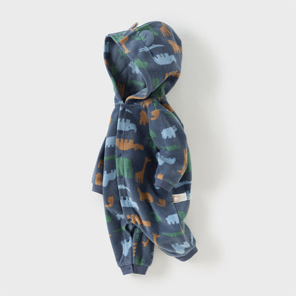 Baby Girls/Boys Playful Print Fleece One-piece Hooded Crawl Suit Romper