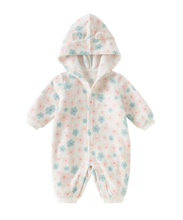 Baby Girls/Boys Playful Print Fleece One-piece Hooded Crawl Suit Romper