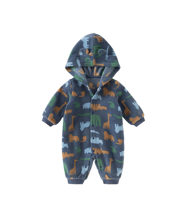 Baby Girls/Boys Playful Print Fleece One-piece Hooded Crawl Suit Romper