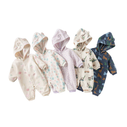 Baby Girls/Boys Playful Print Fleece One-piece Hooded Crawl Suit Romper