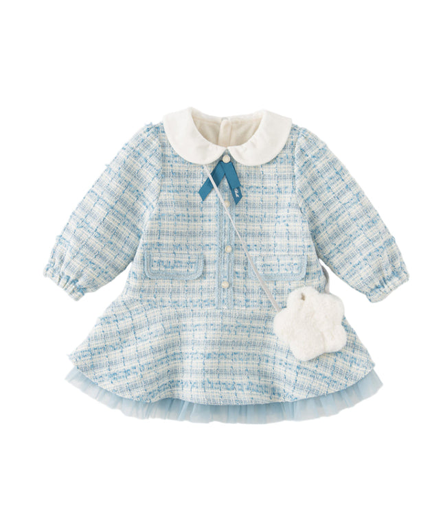 Toddler Girls Elegant Blue Plaid Mesh Princess Dress(wallet bag)