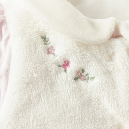 Baby Girls Pretty Floral Print Doll Collar Padded Plush-lined Warm Rompers
