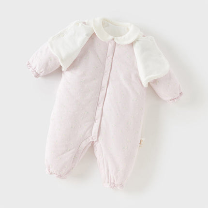 Baby Girls Pretty Floral Print Doll Collar Padded Plush-lined Warm Rompers