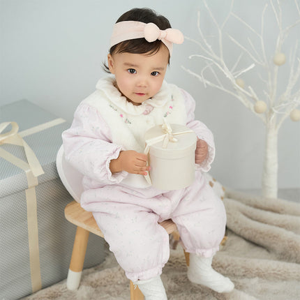 Baby Girls Pretty Floral Print Doll Collar Padded Plush-lined Warm Rompers