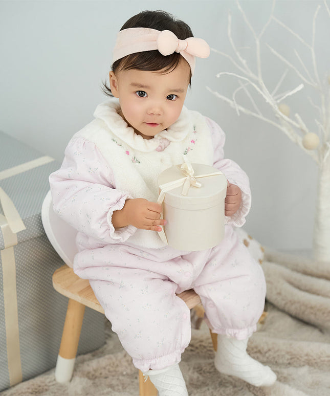 Baby Girls Pretty Floral Print Doll Collar Padded Plush-lined Warm Rompers