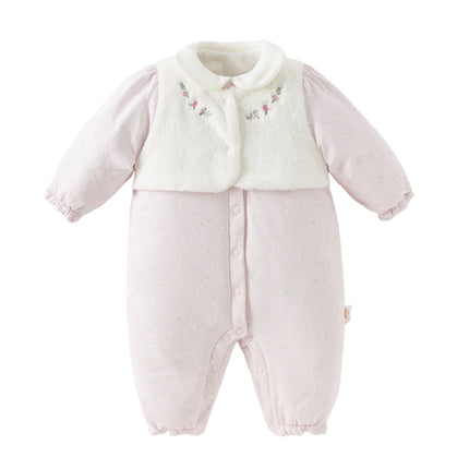 Baby Girls Pretty Floral Print Doll Collar Padded Plush-lined Warm Rompers