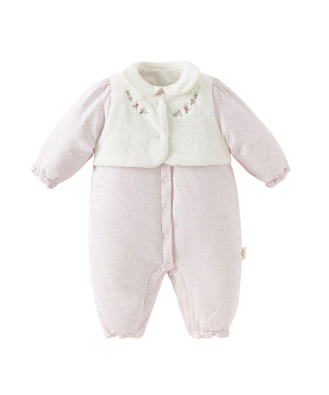 Baby Girls Pretty Floral Print Doll Collar Padded Plush-lined Warm Rompers