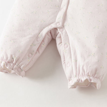 Baby Girls Pretty Floral Print Doll Collar Padded Plush-lined Warm Rompers