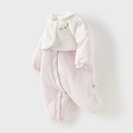 Baby Girls Pretty Floral Print Doll Collar Padded Plush-lined Warm Rompers