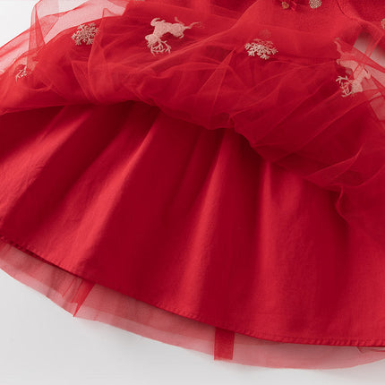 Toddler Girls Festival Red Christmas Reindeer Print Mesh Princess Dress
