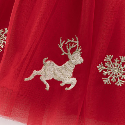 Toddler Girls Festival Red Christmas Reindeer Print Mesh Princess Dress