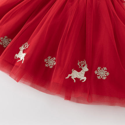 Toddler Girls Festival Red Christmas Reindeer Print Mesh Princess Dress
