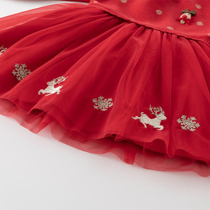 Toddler Girls Festival Red Christmas Reindeer Print Mesh Princess Dress