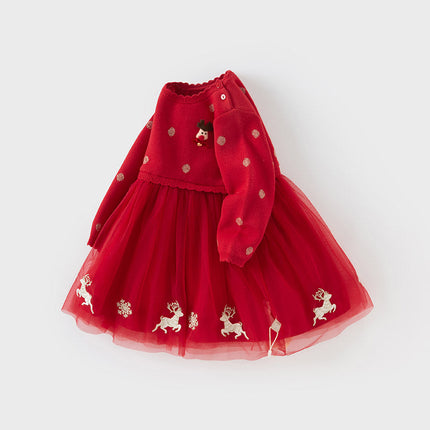Toddler Girls Festival Red Christmas Reindeer Print Mesh Princess Dress