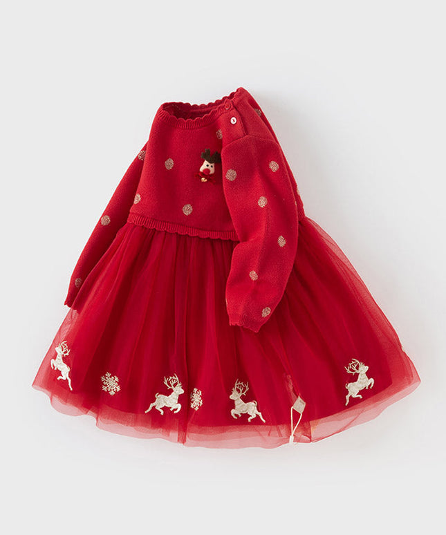 Toddler Girls Festival Red Christmas Reindeer Print Mesh Princess Dress