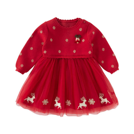 Toddler Girls Festival Red Christmas Reindeer Print Mesh Princess Dress