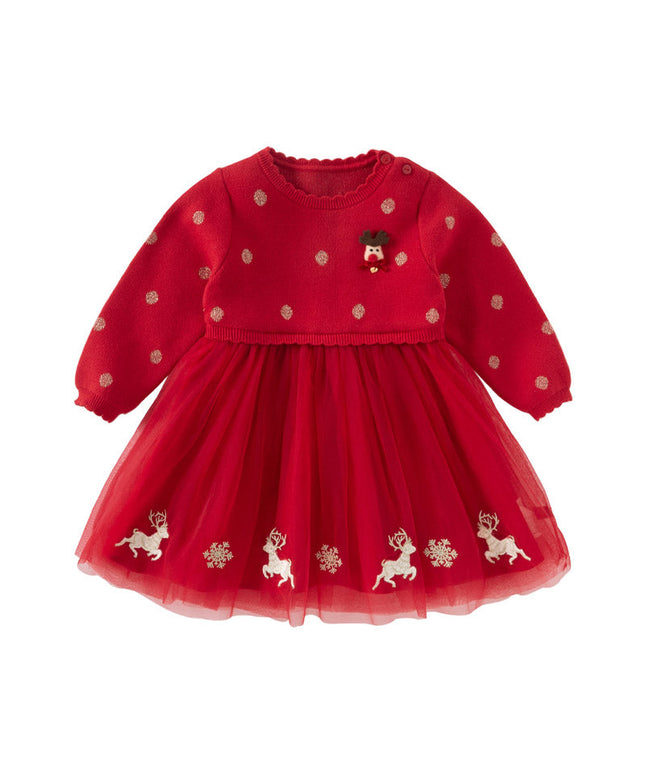 Toddler Girls Festival Red Christmas Reindeer Print Mesh Princess Dress
