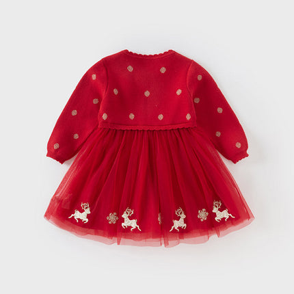 Toddler Girls Festival Red Christmas Reindeer Print Mesh Princess Dress