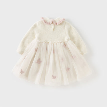 Toddler Girls Elegant Beige Cozy Knit Sweater Mesh Princess A-line Dress
