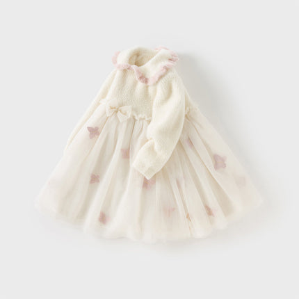 Toddler Girls Elegant Beige Cozy Knit Sweater Mesh Princess A-line Dress