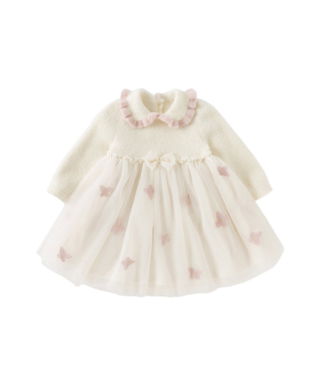 Toddler Girls Elegant Beige Cozy Knit Sweater Mesh Princess A-line Dress
