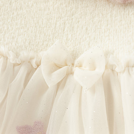 Toddler Girls Elegant Beige Cozy Knit Sweater Mesh Princess A-line Dress
