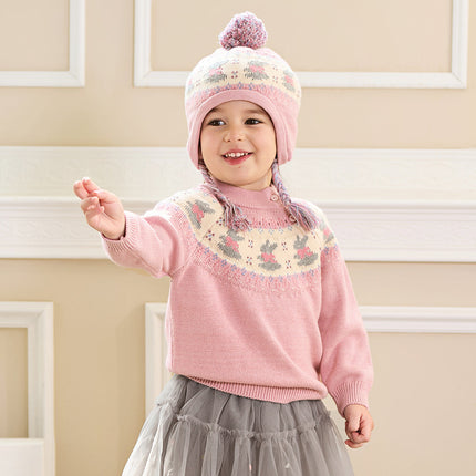 Kids Girls Sweet Pink Round Collar Long-sleeved Pullover Soft Sweaters Tops