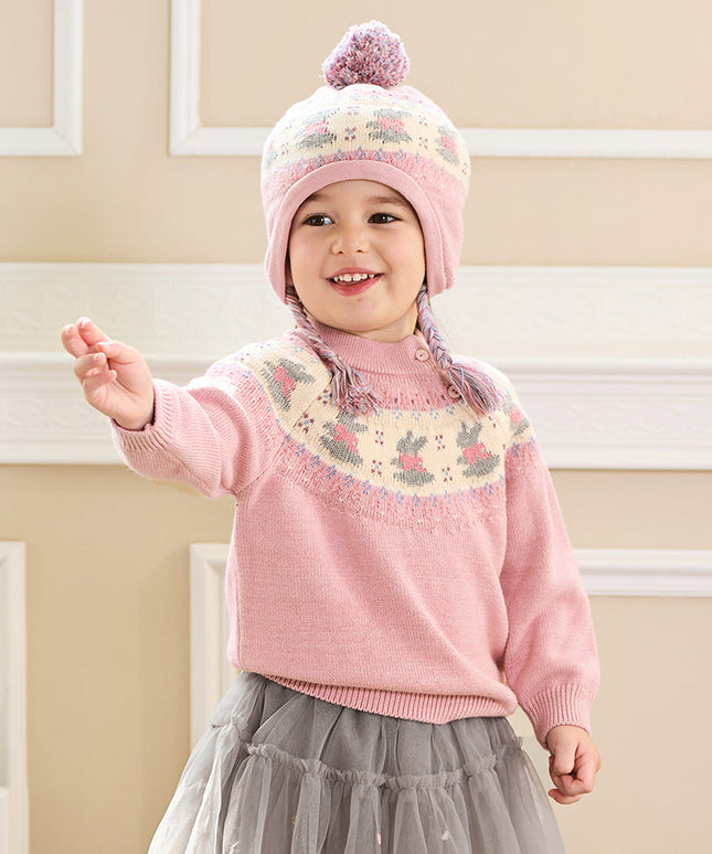 Kids Girls Sweet Pink Round Collar Long-sleeved Pullover Soft Sweaters Tops