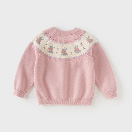 Kids Girls Sweet Pink Round Collar Long-sleeved Pullover Soft Sweaters Tops