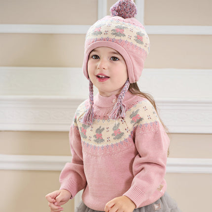 Kids Girls Sweet Pink Round Collar Long-sleeved Pullover Soft Sweaters Tops