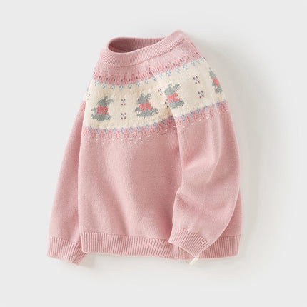 Kids Girls Sweet Pink Round Collar Long-sleeved Pullover Soft Sweaters Tops