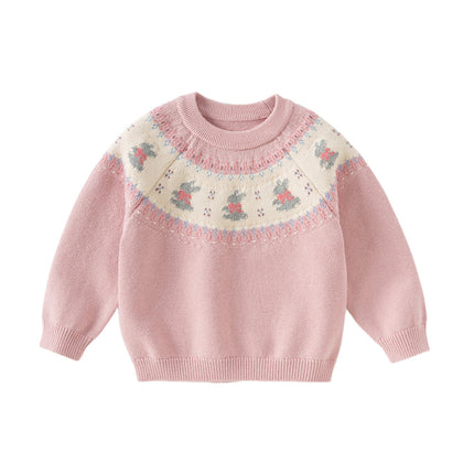 Kids Girls Sweet Pink Round Collar Long-sleeved Pullover Soft Sweaters Tops