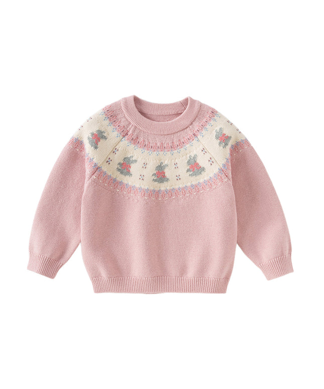 Kids Girls Sweet Pink Round Collar Long-sleeved Pullover Soft Sweaters Tops
