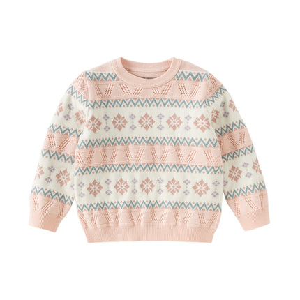 Kids Girls Sweet Pink Round Collar Versatile Soft Sweaters