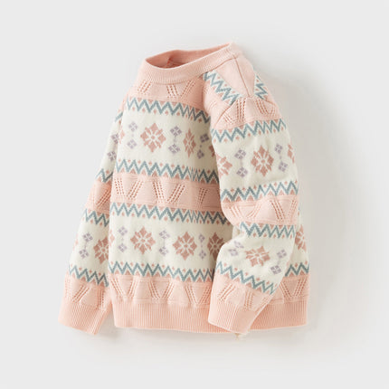 Kids Girls Sweet Pink Round Collar Versatile Soft Sweaters