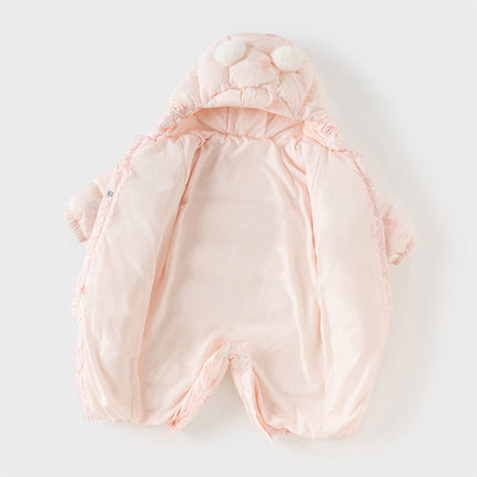 Baby Girls Winter Cute Pink-print Long-sleeved Cozy Hooded Down Rompers