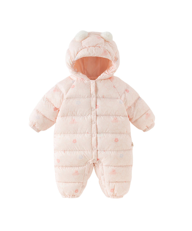 Baby Girls Winter Cute Pink-print Long-sleeved Cozy Hooded Down Rompers