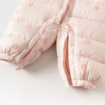 Baby Girls Winter Cute Pink-print Long-sleeved Cozy Hooded Down Rompers