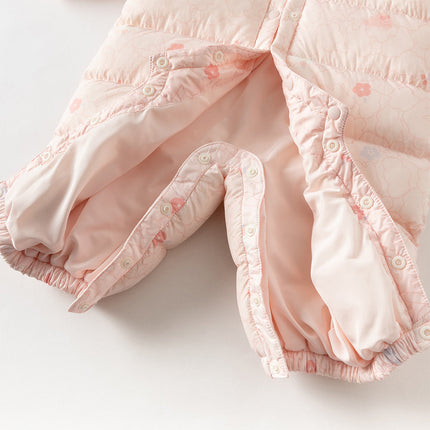 Baby Girls Winter Cute Pink-print Long-sleeved Cozy Hooded Down Rompers